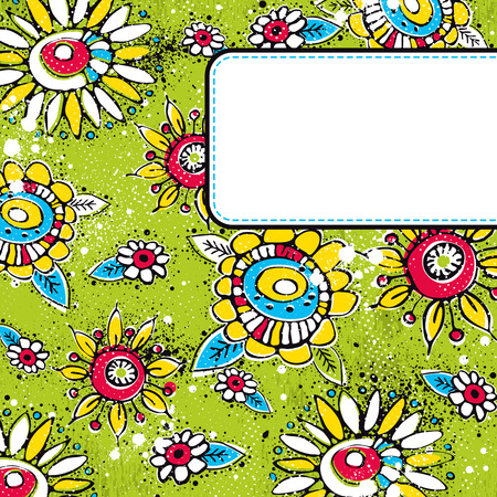 green grunge background with  color flowers,  illustrationのイラスト素材