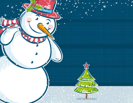  background with snowman and one christmas tree,  vector illustrationのイラスト素材