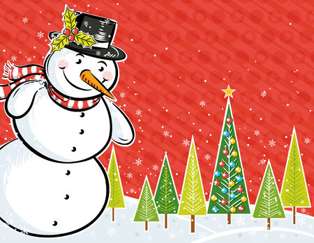 background with snowman and christmas tree in a forest,  illustrationのイラスト素材