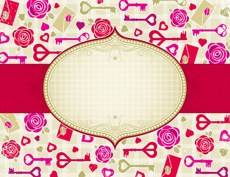 beige valentine background with pink and red hearts and roses,  vector illustrationのイラスト素材