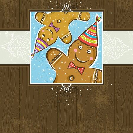 brown wooden christmas background with Gingerbread Man,  vector illustrationのイラスト素材