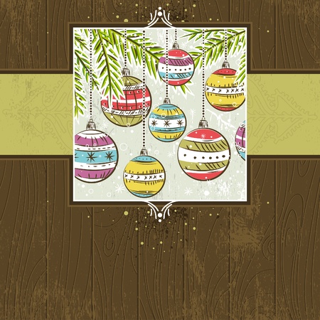 brown wooden christmas background with christmas balls,  vector illustrationのイラスト素材