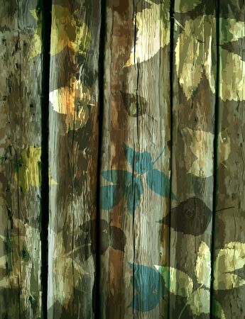 wooden background with decorative leaves, vectorEPS10  Contains transparent objectsのイラスト素材