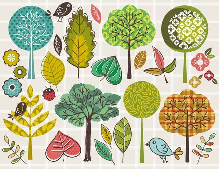 hand draw  trees and leafs over checked backgroundのイラスト素材