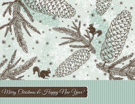 christmas background with cone, squirrel and snowflakes,  illustrationのイラスト素材