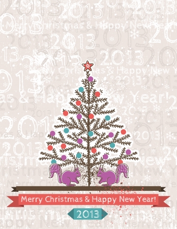 background with christmas tree and two squirrels, vectorのイラスト素材