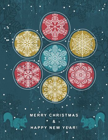blue retro christmas background with hand draw snowflakes, vector illustrationのイラスト素材