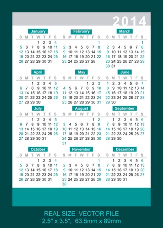 Pocket Calendar 2014, vector, start on Sunday, 63, 5mm x 89mmのイラスト素材