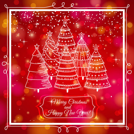red brightness background with forest of christmas trees, vector illustrationのイラスト素材