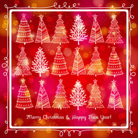 red brightness background with forest of christmas trees, vector illustrationのイラスト素材