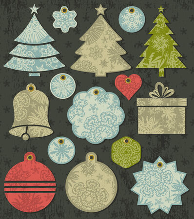 vintage christmas labels over grunge brown background, vector illustrationのイラスト素材