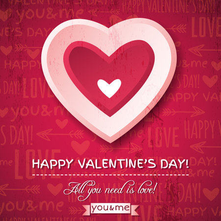 red Valentines day greeting card with  pink heart and wishes text,  vector illustrationのイラスト素材