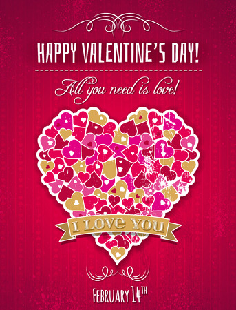 Red valentines day greeting card  with  heart and wishes text,  vector illustrationのイラスト素材