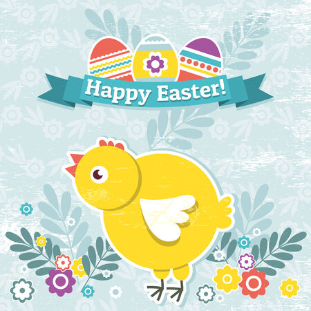 background with easter eggs and one chick, vectorのイラスト素材