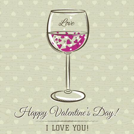 romantic card with glass of wine and wishes text,  vector illustrationのイラスト素材