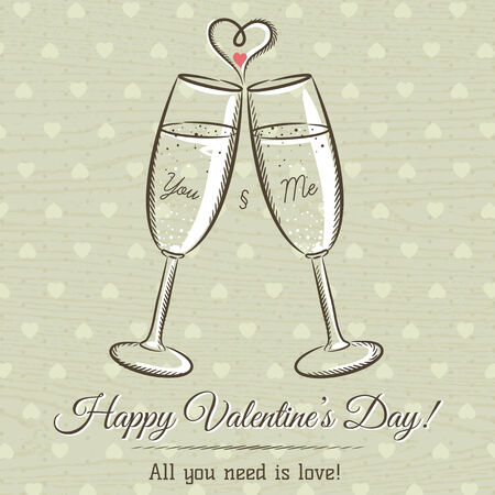 valentine card with two glass of wine and wishes text,  vector illustrationのイラスト素材