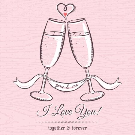 romantic card with two glass of champagne and wishes text,  vector illustrationのイラスト素材