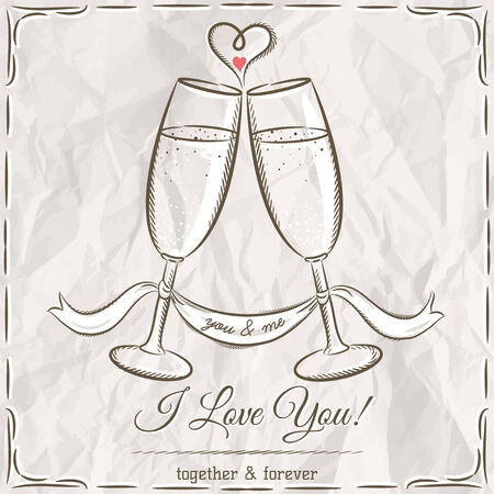 romantic card with two glass of champagne and wishes textのイラスト素材