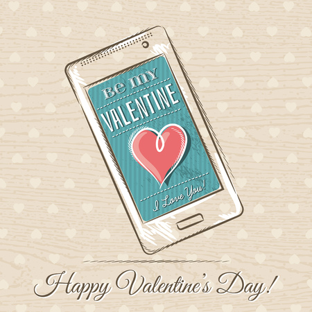 valentine card with smart phone and red heart,  vector illustrationのイラスト素材