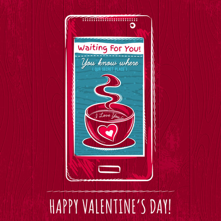 red valentine card with smart phone,  vector illustrationのイラスト素材
