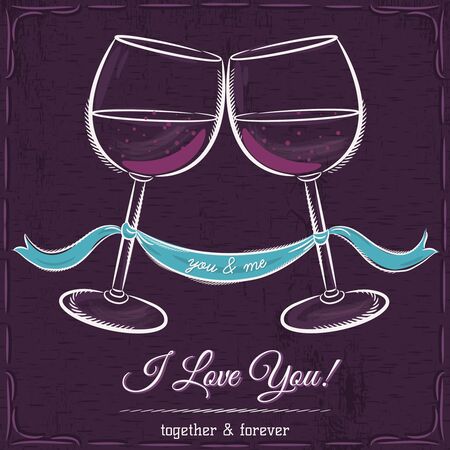 purple wedding card with two glass of wine and wishes text,  vector illustrationのイラスト素材
