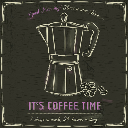 Brown blackboard with a coffee maker and text, vector illustrationのイラスト素材