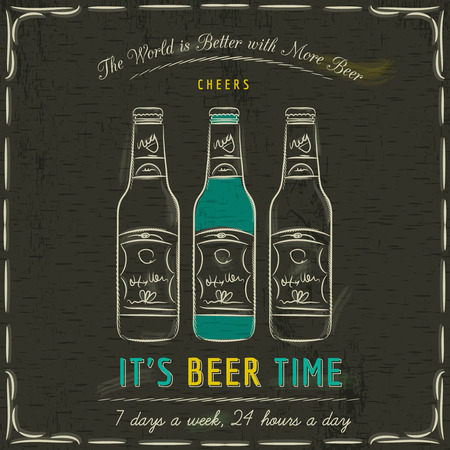 Brown blackboard with three bottles of beer and text, vectorのイラスト素材