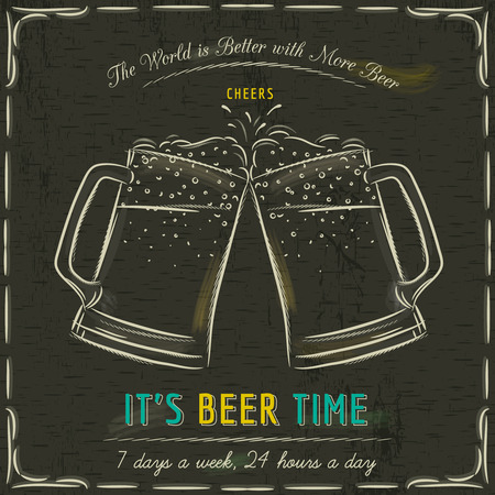 Brown blackboard with two cold mugs of beer and text, vectorのイラスト素材