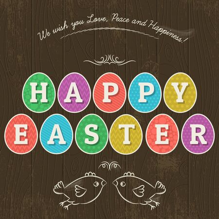 Large inscription Happy Easter written in eleven colored eggs. のイラスト素材