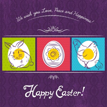 Easter card  painted with rabbit, egg and hen. のイラスト素材
