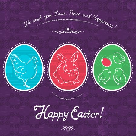 Easter eggs painted with rabbit, hen and chicken.のイラスト素材