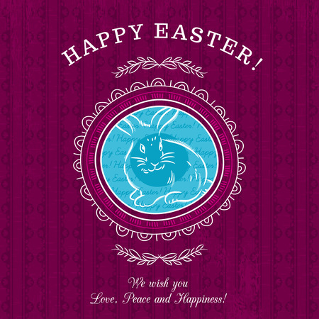 Purple greetings card for Easter Day with roundet frames with one rabbit. のイラスト素材
