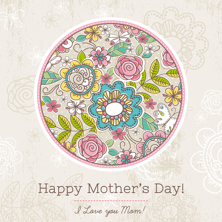 Mothers Day card with big round of spring flowers,  vector illustrationのイラスト素材