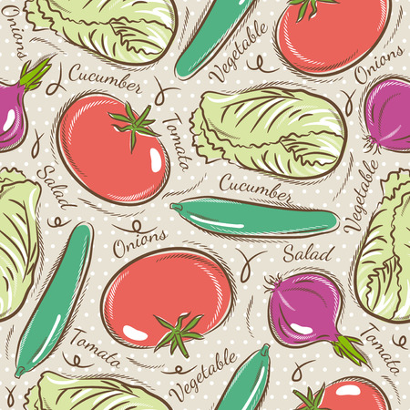 Background with  tomato, cucumber, salad and onions.
Ideal for printing onto fabric and paper or scrap booking.のイラスト素材