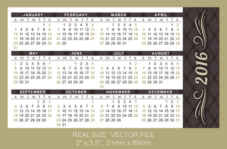 Pocket Calendar 2016, vector, start on Sundayのイラスト素材