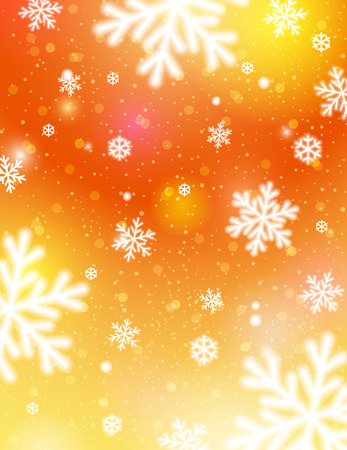 Golden background with bokeh and blurred snowflakes, vector illustrationのイラスト素材