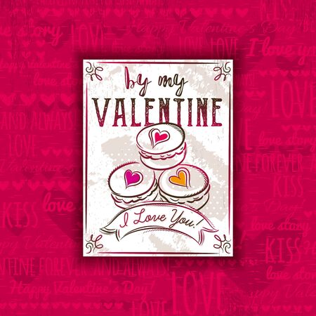 Red background with valentine heart, cookies and greeting text,  vector illustrationのイラスト素材