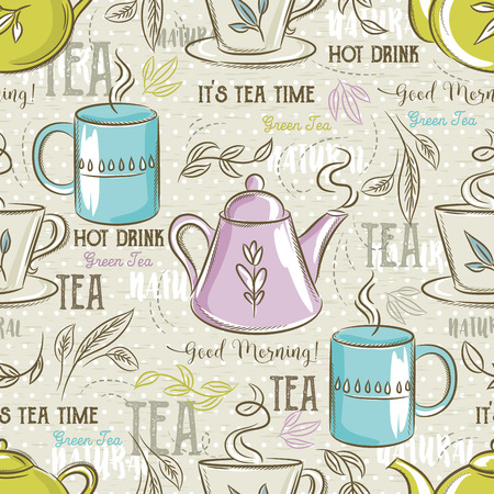 Beige seamless patterns with tea set, leafs, flower and text.Ideal for printing onto fabric and paper or scrap booking.のイラスト素材