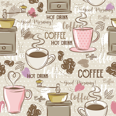 Beige seamless patterns with coffee set,cup, heart, coffee mill and text. Ideal for printing onto fabric and paper or scrap booking.