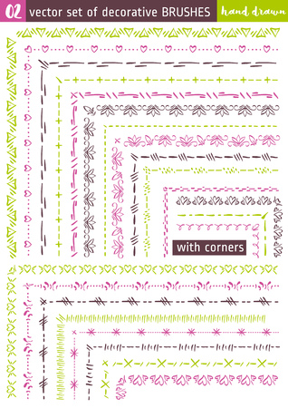 Hand drawn decorative vector brushes with corners. Dividers, borders, ornaments. Vector illustration.のイラスト素材
