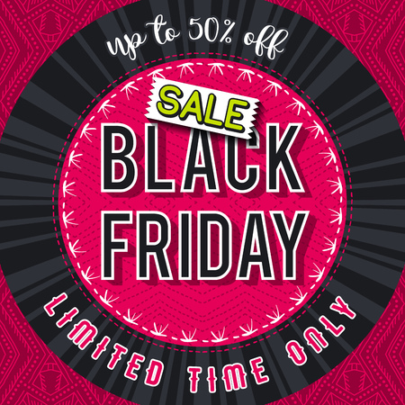 Black friday sale banner on yellow patterned background, vector illustrationのイラスト素材