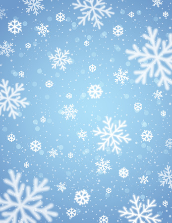 Blue  background with white blurred snowflakes, vector illustrationのイラスト素材