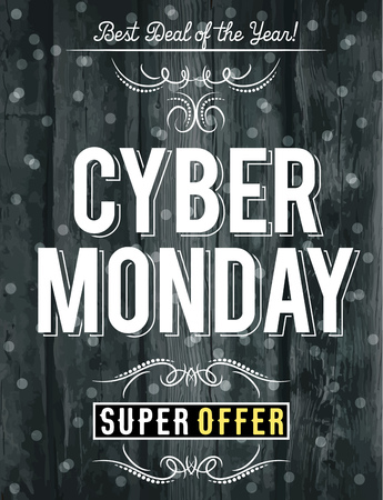 Cyber monday sale banner on wooden black background, vector illustrationのイラスト素材