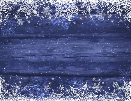 Wooden blue christmas background with snowflakes and stars, vector illustrationのイラスト素材