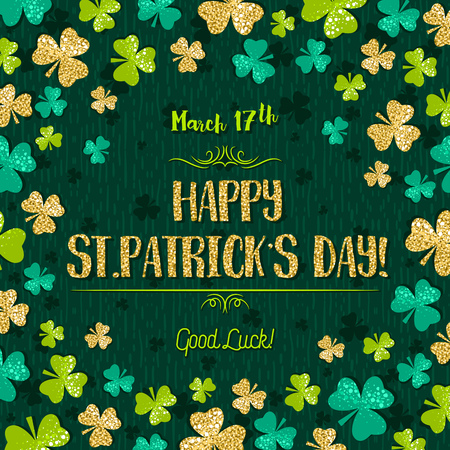 Green  card for Patricks day with golden shamrock, vector illustrationのイラスト素材