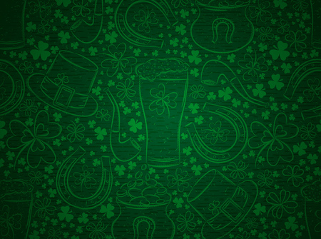 Green  background for Patricks day with ber mug, horseshoe, hat, pipe and shamrocks, vector illustrationのイラスト素材