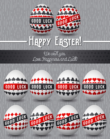 Easter greetings card with red and black symbols over many white eggs, vector illustration. Decorative composition suitable for invitations, greeting cards, flyers, banners.のイラスト素材