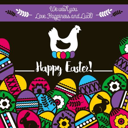 Easter greetings card with color easter eggs and one hen, flowers and rabbit.
Ideal for printing onto fabric and paper or scrap booking, vector illustrationのイラスト素材