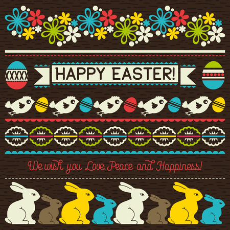 Easter greetings cards with color easter eggs, flowers and rabbits.
Ideal for printing onto fabric and paper or scrap booking, vector illustrationのイラスト素材