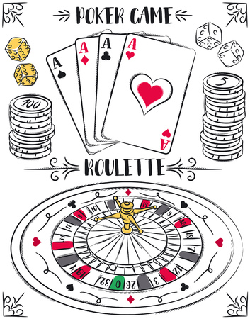 Set of gambling symbols, roulette, ace, dice, chips, vector illustration.のイラスト素材